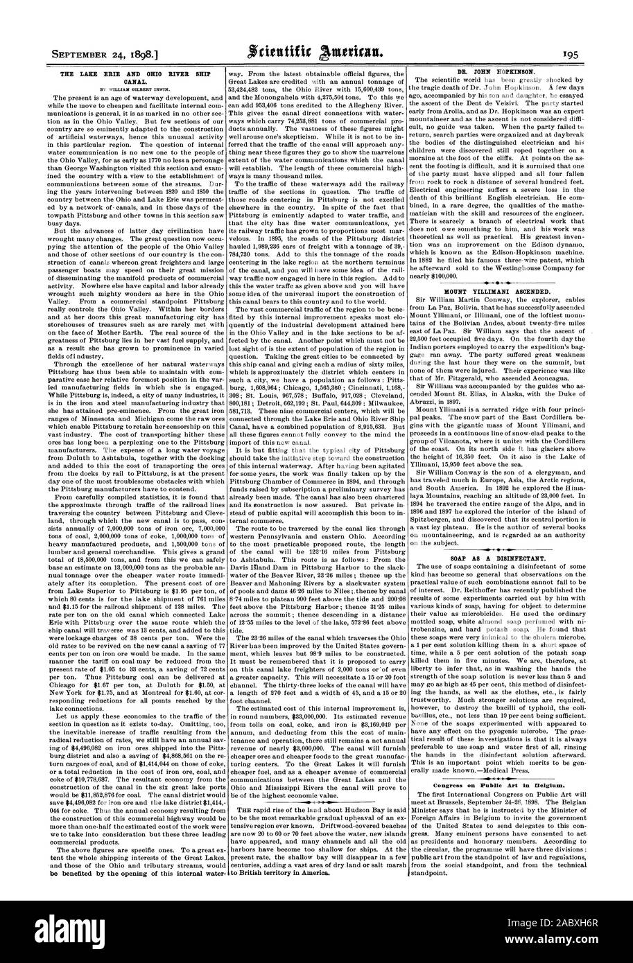 Le LAC ÉRIÉ ET DE LA RIVIÈRE OHIO SHIP CANAL. Par WILLIAM GILBERT IRWIN. pour le territoire britannique en Amérique. DR. JOHN HOPKINSON. YILLIMANI MONTAGE monté. Comme un savon désinfectant. 0-4-4-0-41 Congrès sur l'art public en Belgique., Scientific American, 1898-09-24 Banque D'Images