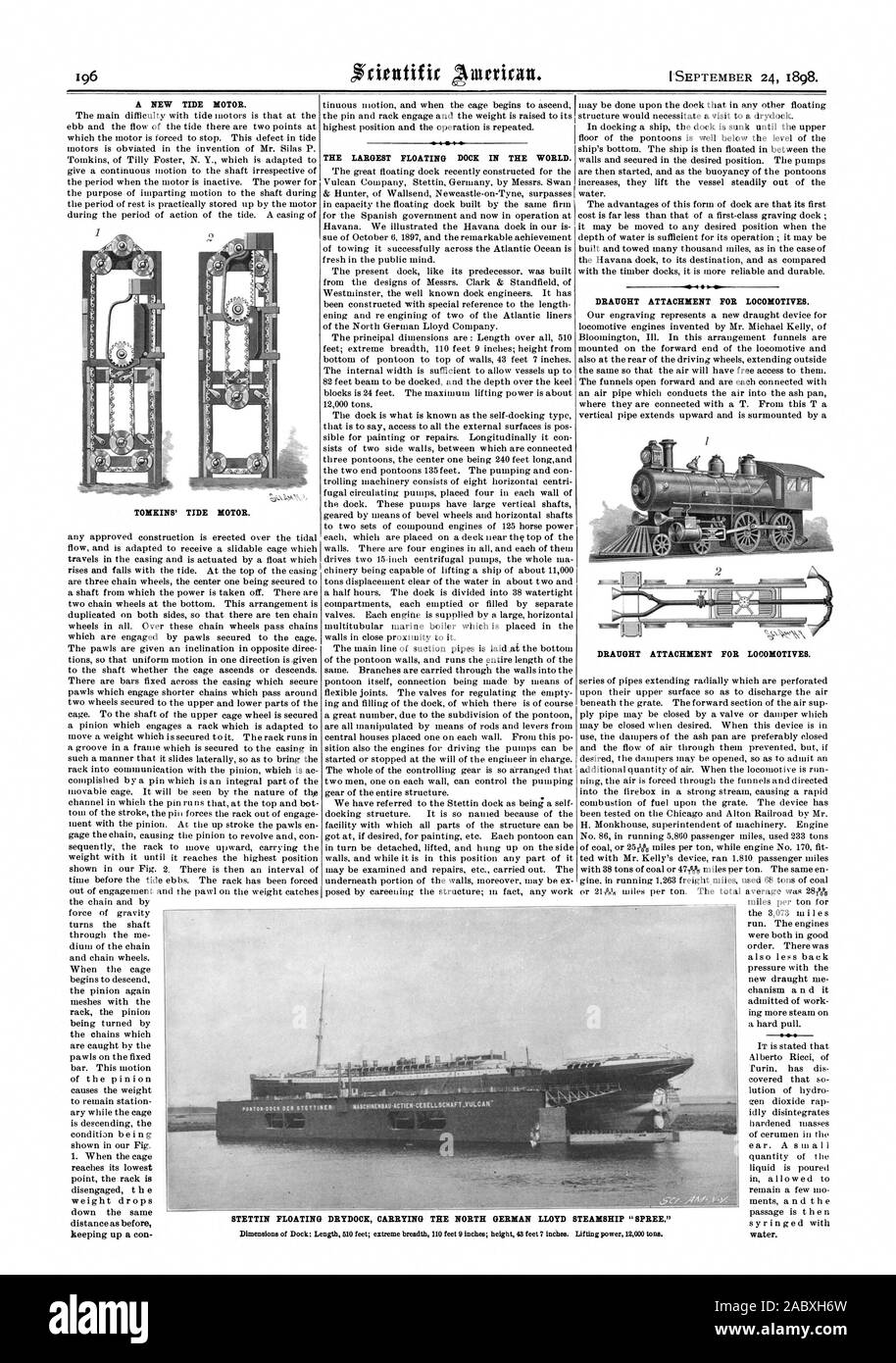 Un nouveau moteur de marée. TOMICINS' TIDE MOTEUR. Le plus grand dock flottant dans le monde. Projet de pièce jointe pour les locomotives. Projet de pièce jointe pour les locomotives. STETTIN CALE SÈCHE FLOTTANTE PORTANT L'ALLEMAND DU NORD LLOYD STEAMSHIP 'Spree.", Scientific American, 1898-09-24 Banque D'Images