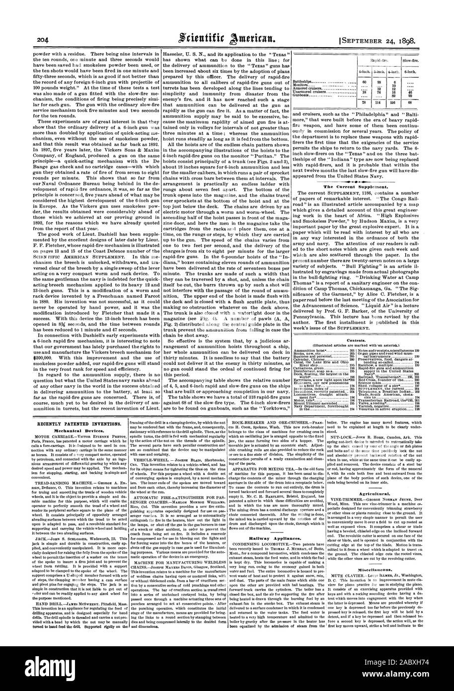 Le supplément actuel. Récemment les inventions brevetées. Des dispositifs mécaniques. Couloir d'appareils ménagers. Agricole. Divers., Scientific American, 1898-09-11 Banque D'Images
