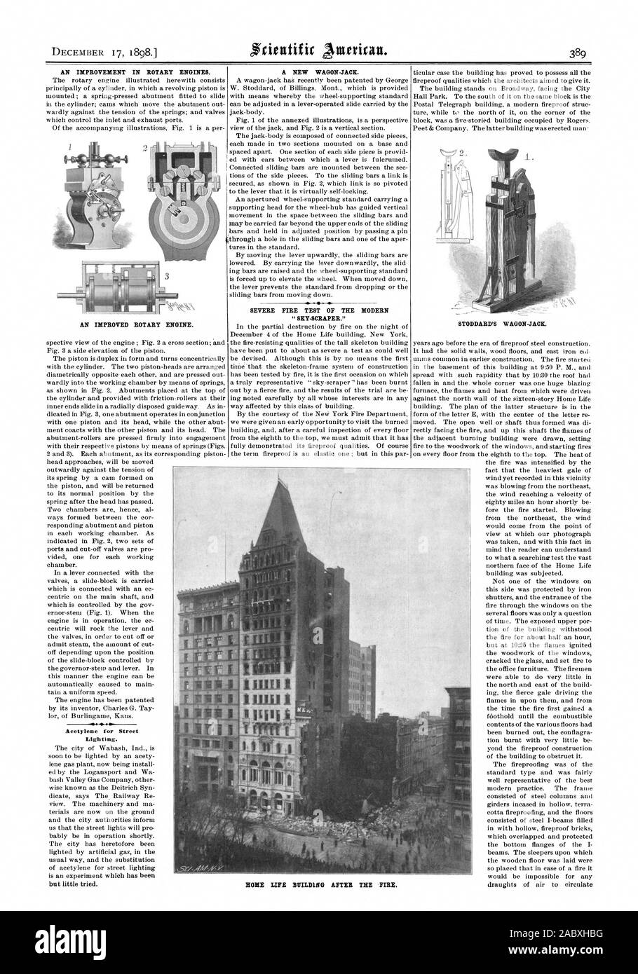 Une amélioration de moteurs rotatifs. L'AMÉLIORATION DU MOTEUR ROTATIF. L'acétylène pour l'éclairage des rues. Une nouvelle FAMILIALE JACK. TEST DE FEU DU MODERNE 'SKY-racloir.", Scientific American, 1898-12-17 Banque D'Images