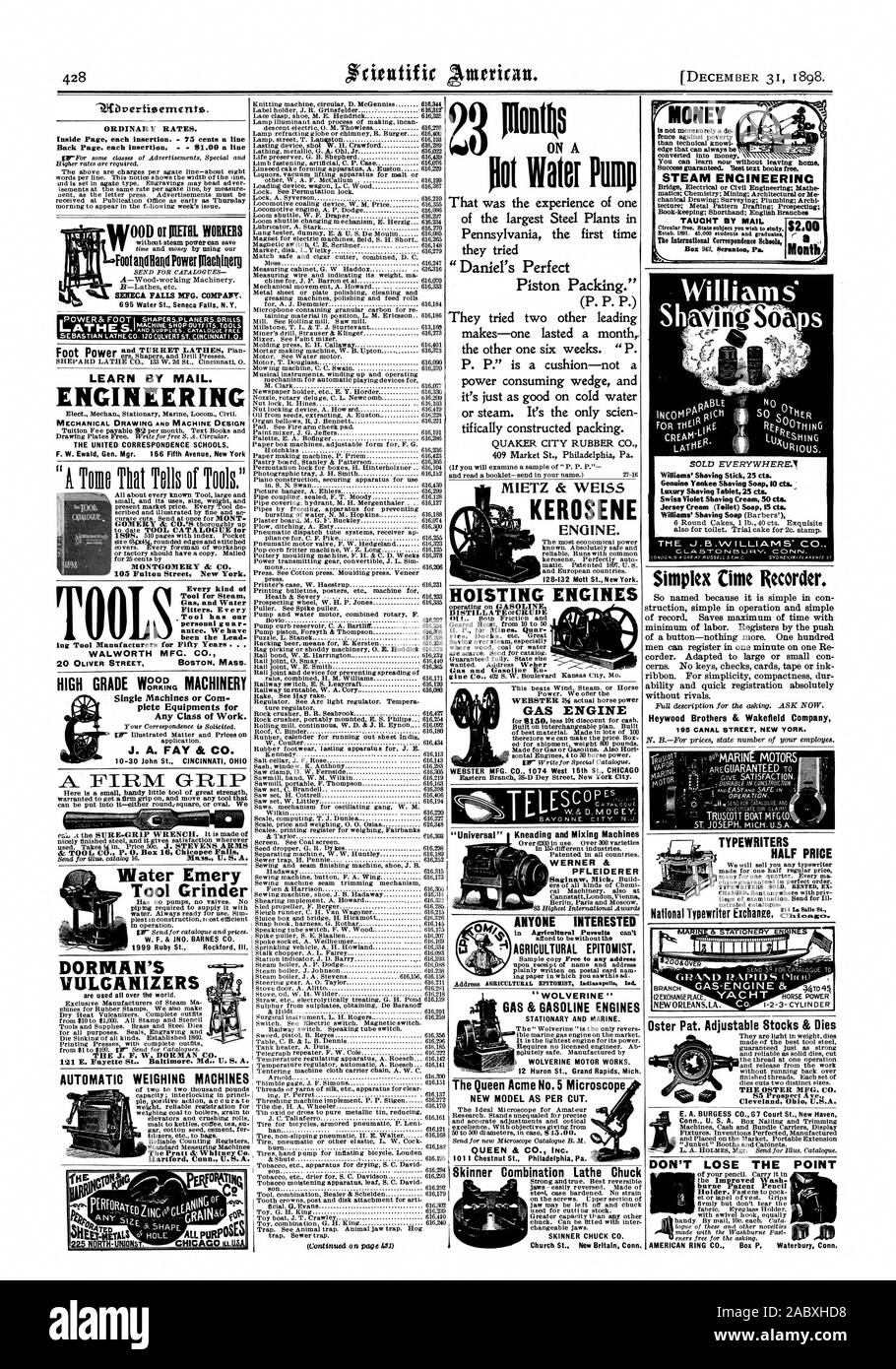 En savoir PAR MAIL. L'INGÉNIERIE ÉCOLES CORRESPONDANCE F. W. Ewald Gen. Mgr. 166 Fifth Avenue New York chaque genre d'outil pour la vapeur du gaz et de l'eau forme. Chaque outil a été notre principale les fabricants d'outils pour cinquante ans WALWORTH MFC. CO. 20 OLIVER STREET BOSTON MASS. 23 Rillii !un pot Pompe à eau qui a été l'expérience de l'une des plus grandes usines sidérurgiques dans la région de New York la première fois qu'ils ont essayé ' Daniel de parfait de la garniture.' (P. P. P.) ils ont essayé deux autres grandes marques-un a duré un mois theother un six semaines. un P. consommation amélioré et il est tout aussi bon sur l'eau froide ou Banque D'Images