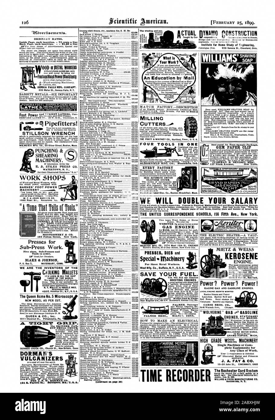 Les tarifs ordinaires. À l'intérieur de chaque page de l'insertion. - 15 c. une ligne Retour Page. chaque insertion. - Un FootarolHao 51,00 ligne Puissance fllaellinerp0 SENECA FALLS MFG. WALWO CLÉ STILLSON VALIDATION RT H MFG. CO. 20 Oliver Street Boston Massachusetts BOUTIQUES TRAVAIL BARNES' MACHINES D'ALIMENTATION PIED 1999 RUBY ST ROCKFORD MALADE. MONTGOMERY & CO. 105 Fulton Street New York. Presses pour Sub-Press Travail. Cinq tailles. Sub-Presses et outils pour acheter. BLAKE & JOHNSON P. 0. Case 7 WATERBURY CONN. Nous sommes LES INVENTEURS DE LA MAILLETS CALFEUTRAGE N. Y. MALLET & GÉRER SEM. 450E. Houston St. N.Y. U.S.A. La Reine Acme No5 nouveau modèle de microscope Banque D'Images