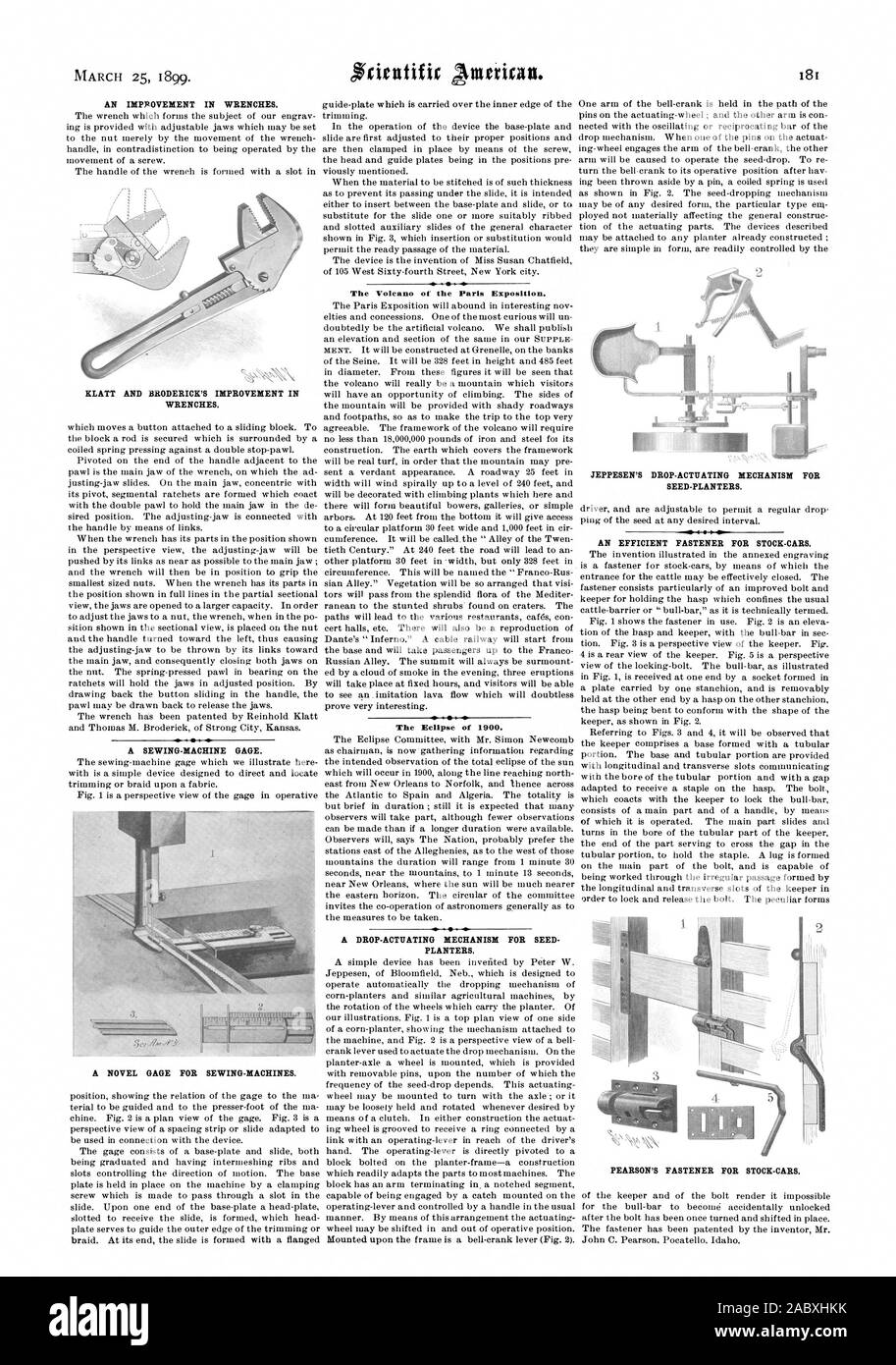 Le volcan de l'Exposition de Paris. L'éclipse de 1900. Les semoirs. Le MENU DÉROULANT DU JEPPESEN POUR LES PLANTS DE MÉCANISME DE COMMANDE-planteurs. Une fixation EFFICACE POUR LES VOITURES. KLATT ET BRODERICK'S AMÉLIORATION DE CLÉS. Un nouveau GAGE POUR MACHINES À COUDRE., Scientific American, 1899-03-25 Banque D'Images