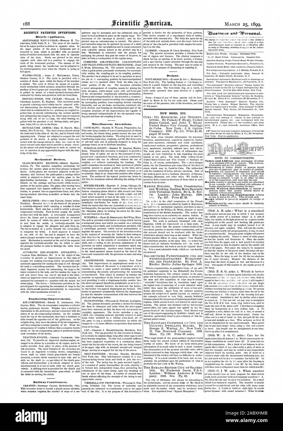 Récemment les inventions brevetées. Nouveaux livres etc. 'Z3e monde ana l'eerssonal., Scientific American, 1899-03-11 Banque D'Images