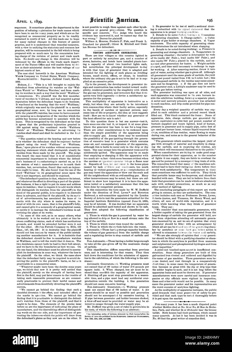 1 avril 1899. Générateurs d'acétylène à l'essai., Scientific American, 1899-04-01 Banque D'Images