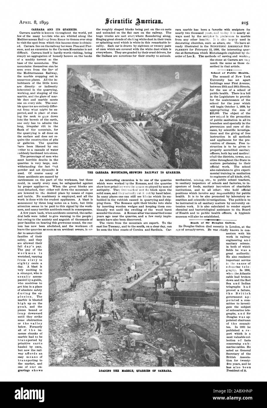 Carrare et ses carrières. École de santé publique. Décès de Sir Douglas Galton. LOADINO Les carrières de marbre de Carrare, OP., Scientific American, 1899-04-08 Banque D'Images