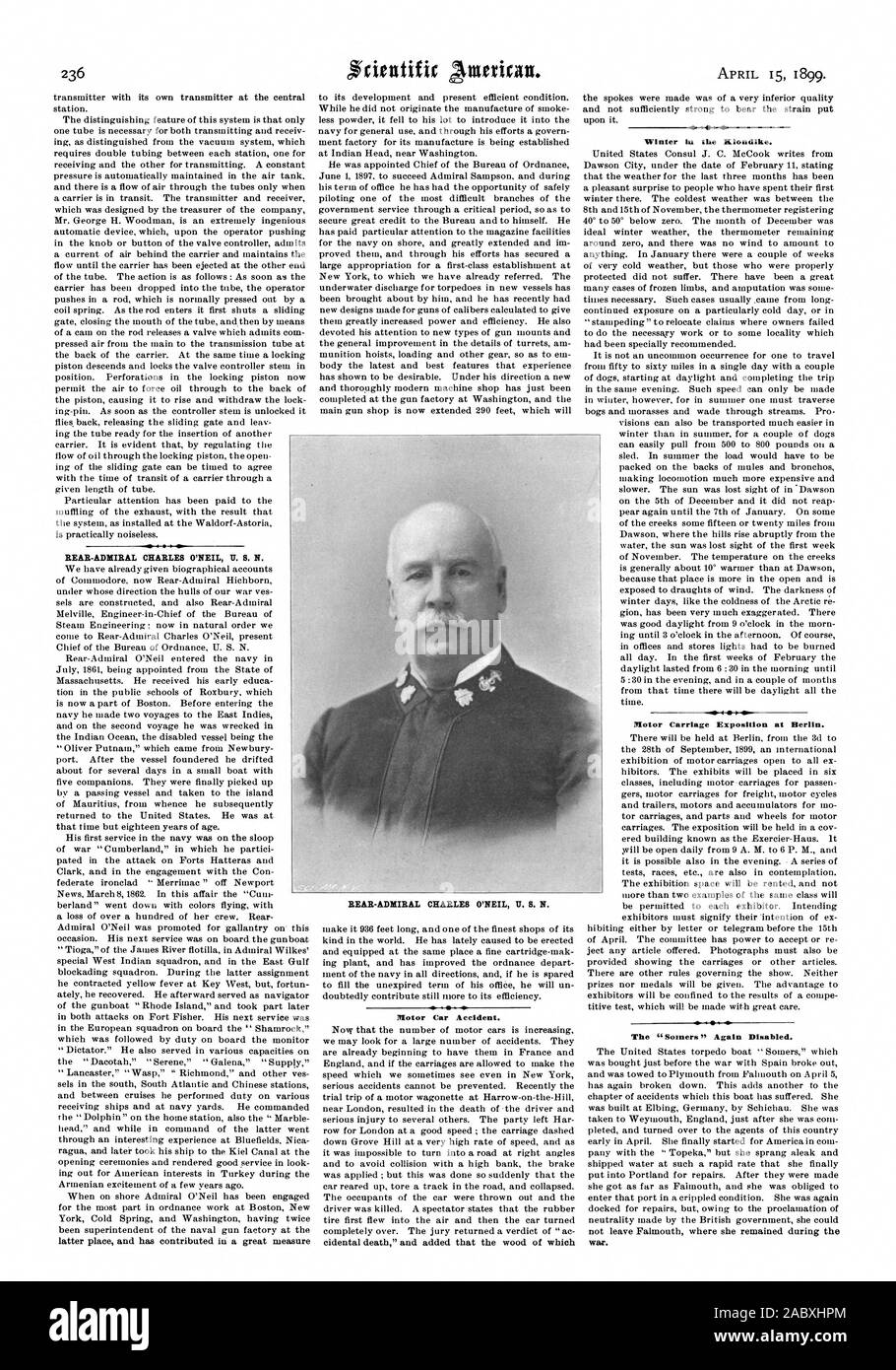 J'encours à l'arrière-amiral Charles O'NEIL U. S. N. Motor Accident de voiture. L'hiver dans le Klondike. Chariot à moteur à Berlin. Exposition, Scientific American, 1899-04-15 Banque D'Images