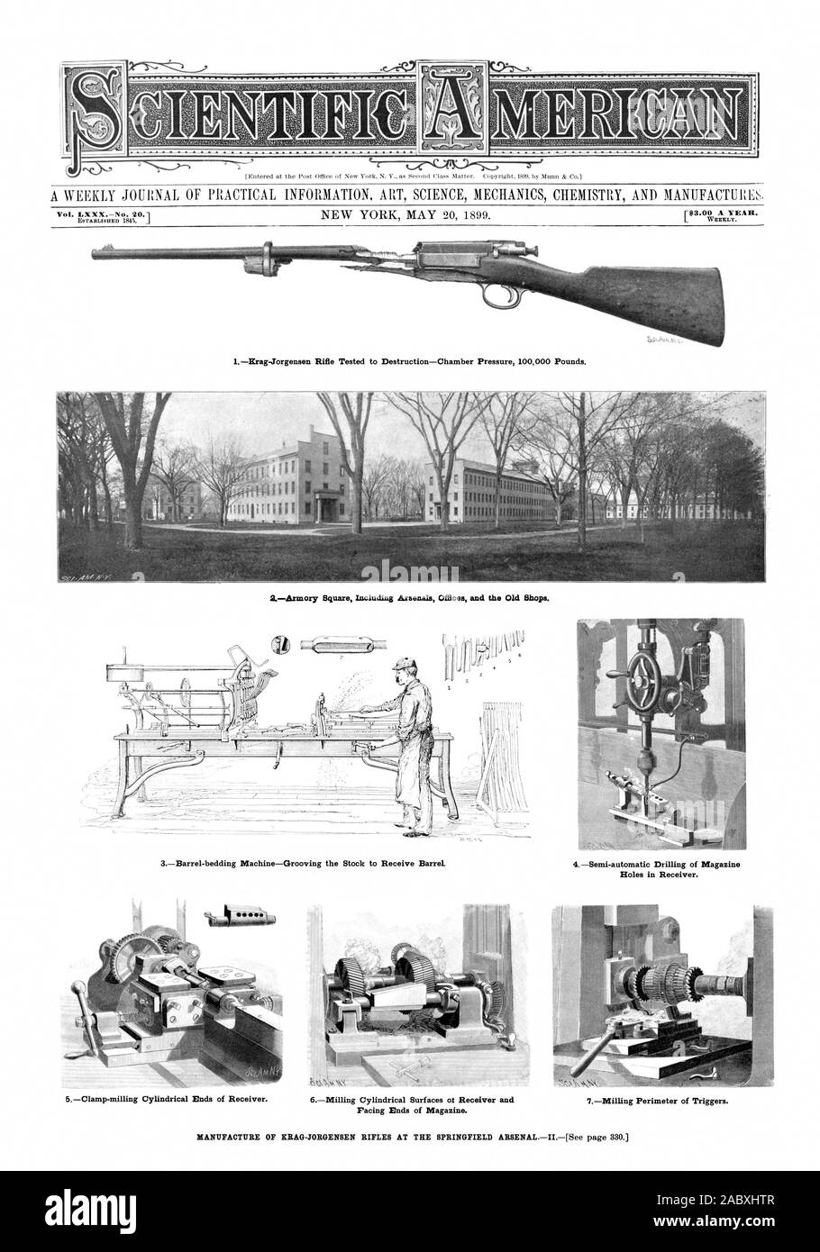 3Canon-Machine de rainurage de la literie le stock de recevoir 4Baril de forage semi-automatique des trous dans le magazine du récepteur. [$3,00 par an. Une fois par semaine. Vol. LXXXNo. Hrag-Jorgensen 20,1 Fusil 1testées pour la pression de la Chambre-Destruction 100000 livres. Collier 5meunier à extrémités cylindriques de récepteur. Extrémités de stimulation Magazine. Fraisage 7Périmètre de déclencheurs., Scientific American, 1899-05-20 Banque D'Images