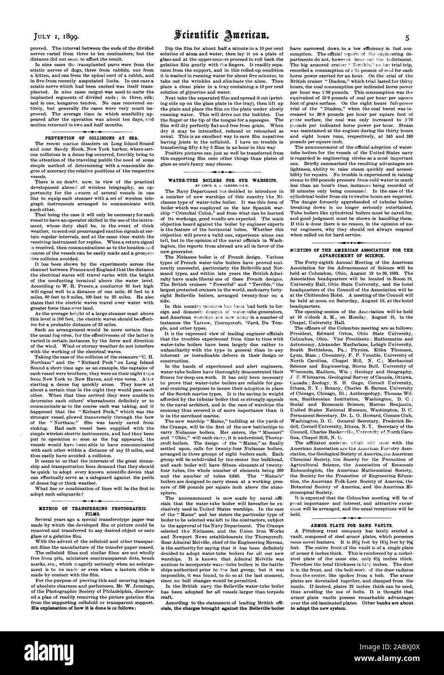 Prévention des abordages en mer. Méthode DE TRANSFERT DES FILMS PHOTOGRAPHIQUES. Son explication de la façon dont il est fait est cs suit : Chaudières à tubes d'eau pour nos navires de guerre. Par le lieut. G. L. U.S CARDEN N. DE L'AMERICAN ASSOCIATION FOR THE ADVANCEMENT OF SCIENCE. Plaques de blindage pour les banques. d'adopter le nouveau système., Scientific American, 1899-07-01 Banque D'Images