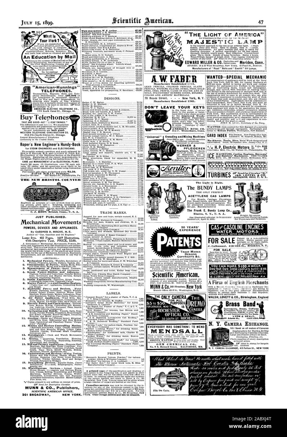 PFLEIDERER GEM 'universelles' CHEMICAL CO. DES ÉTIQUETTES. S'IMPRIME. Voulait-J. Colbassani 416 Mécanicien spécial 13e st Brooklyn N.Y. POUR LA VENTE. mane. Installation simple et durable.. Une fortune pour mao droit ou de l'UEM. Vous pouvez faire 5 00.UNE SEMAINE ! Une firme de marchands anglais WALSH LOVETT & CO. Birmingham England OPTICAL. CO. La lumière est bonne. L'ACÉTYLÈNE LAMPES LAMPES BUNDY TAS le Frank E. Bundy Lamp Co. Elmira N. Y. I.T. S. A. LES MOTEURS DE L'EAU POUR LA VENTE D'Instruments de fanfare. Les uniformes des tambours 50 % enregistré sur toutes les marques de caméras, Scientific American, 1899-07-15 Banque D'Images