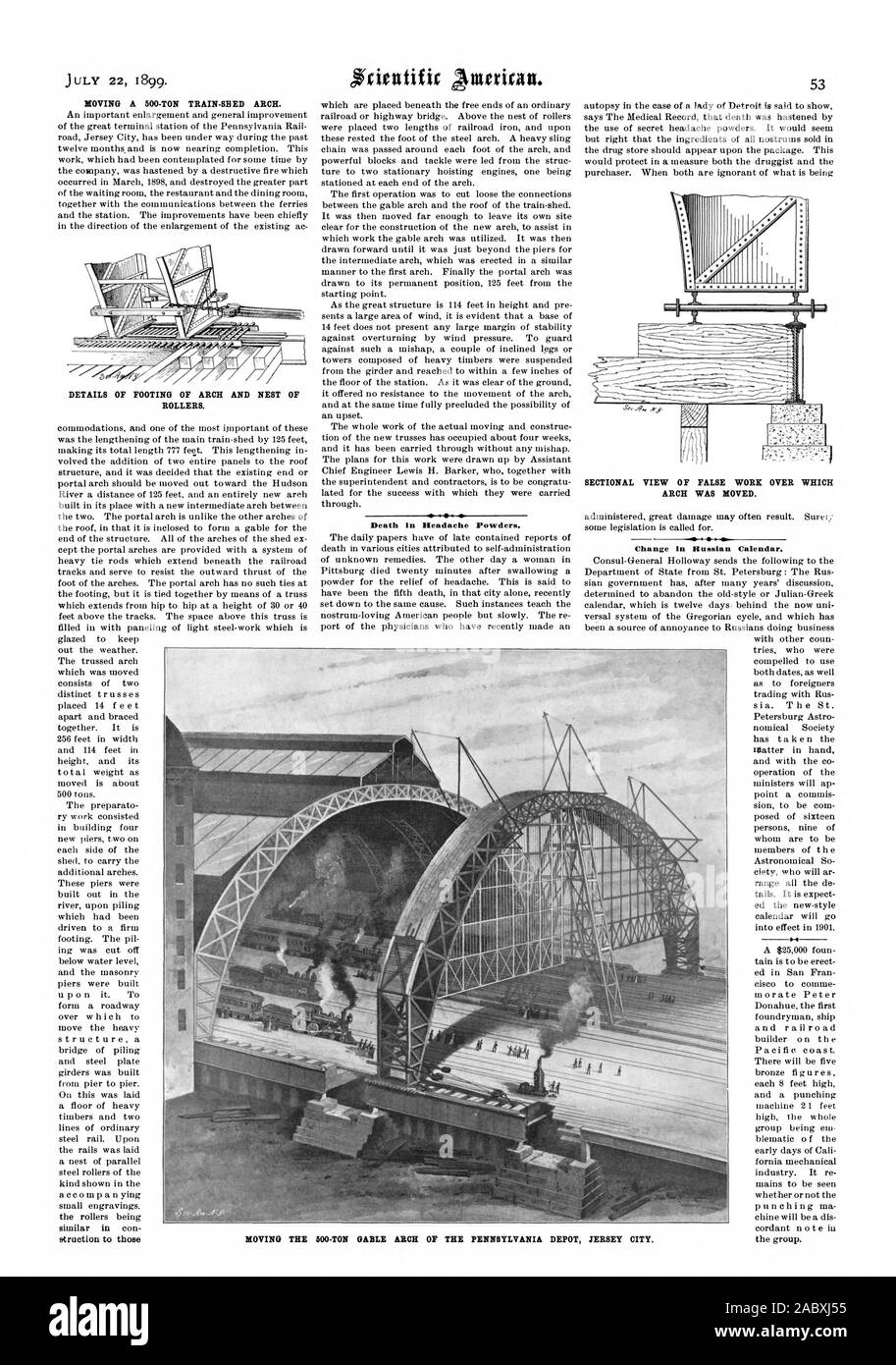 Déplacement D'UN TRAIN DE 500 T SB-ED ARCH. Détails DE PIED D'ARCH ET NID DE ROULEAUX. Mort en tête de poudres. Vue en coupe du faux travail au cours de laquelle a été déplacé. Changement de calendrier russe. J'ai DÉPLACER LE PIGNON DE 500 T DE LA PENNSYLVANIA ARCH DEPOT. Jersey City, Scientific American, 1899-07-22 Banque D'Images