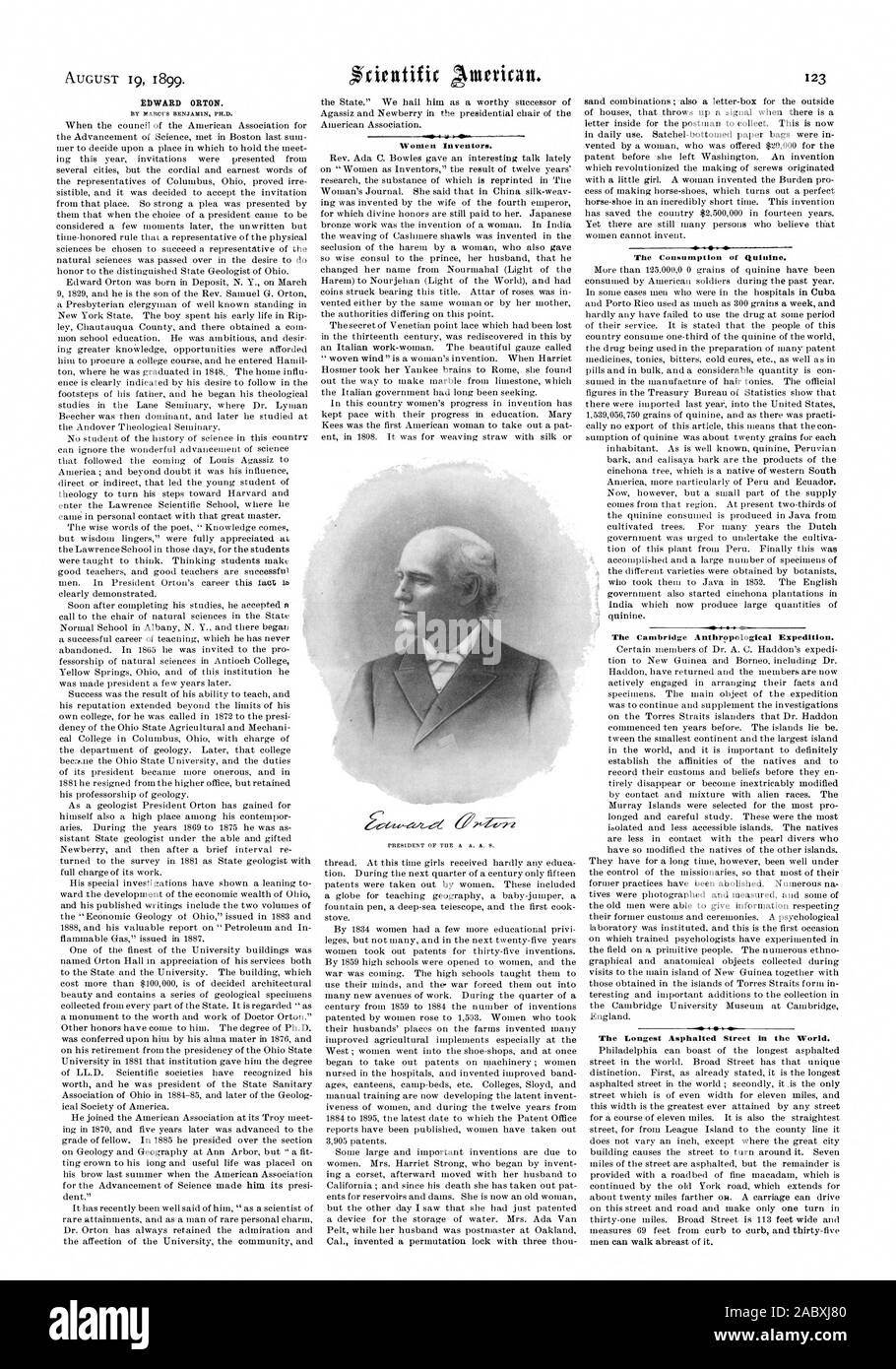 EDWARD ORTON. La consommation de quinine. L'expédition anthropologique de Cambridge. La plus longue rue asphaltée dans le monde., Scientific American, 1899-08-19 Banque D'Images