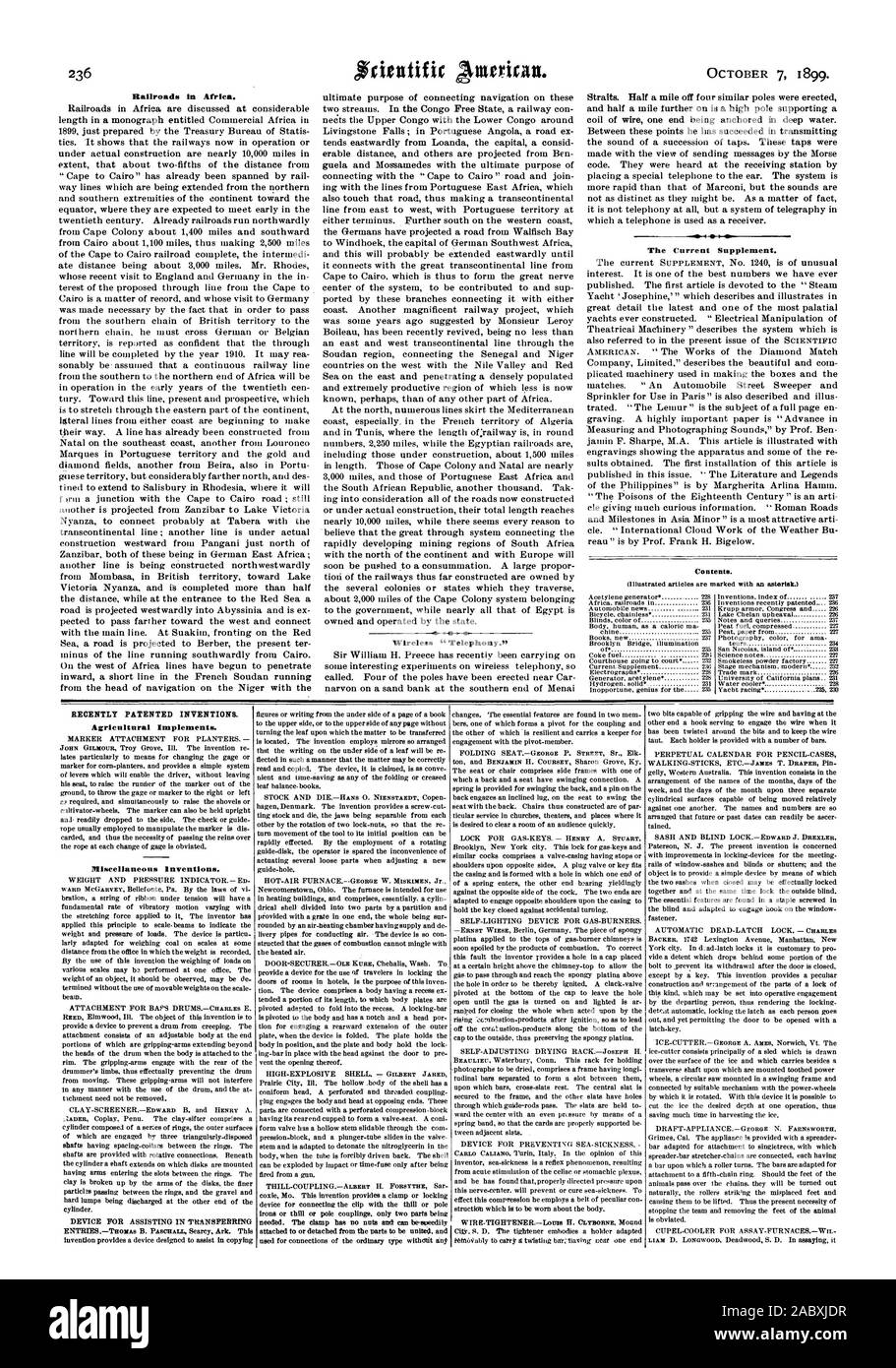 Les chemins de fer de l'Afrique. Le supplément actuel. Table des matières. L'invention brevetée récemment. Des outils agricoles. Dispositions diverses inventions., Scientific American, 1899-10-11 Banque D'Images