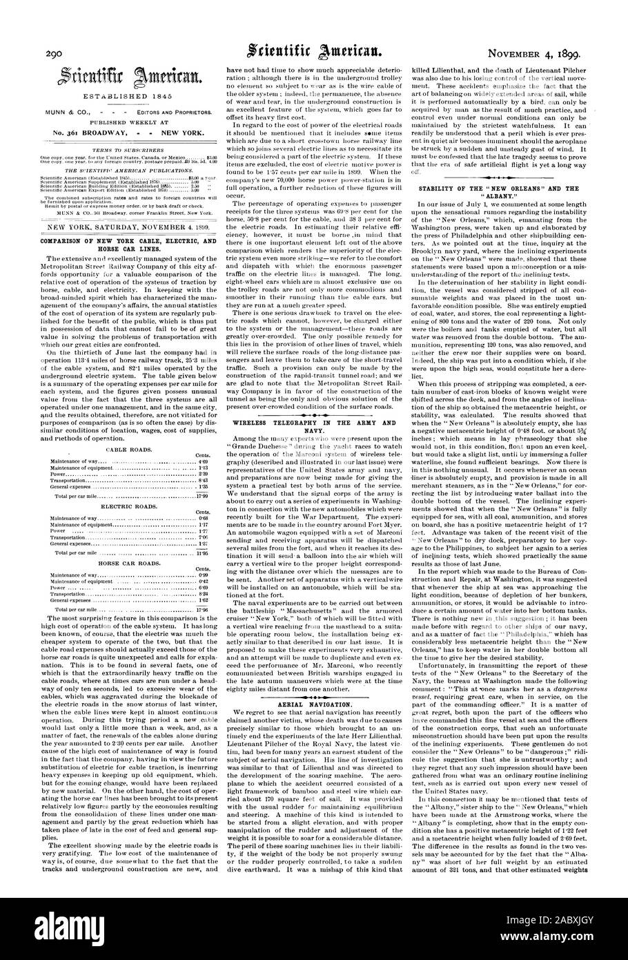 Créé 1845 no 361 BROADWAY NEW YORK. Comparaison DE NEW YORK VOITURE ÉLECTRIQUE PAR CÂBLE ET L'activité. La télégraphie SANS FIL DANS L'ARMÉE ET DE LA MARINE. La navigation aérienne. Stabilité de la 'NEW ORLEANS' et ''ALBANY., Scientific American, 1899-11-04 Banque D'Images