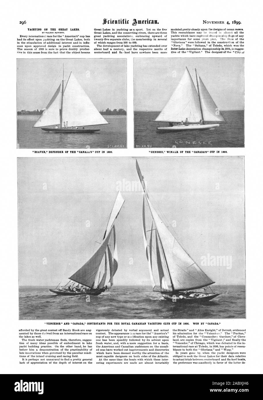 Voile SUR LES GRANDS LACS. Par WALDON FAWCETT. Chaque course internationale pour l 'America's cup a eu son effet sur yachting sur les Grands Lacs tant dans la stimulation de l'intérêt supplémentaire et à l'influ ence sur conception approuvée dans la construction de yachts. La saison 1899 est sûr de prouver doublement des production en ce sens par le fait que l'objet des enseignements des Grands Lacs à la voile comme un sport. Sur les cinq Grands Lacs et les rivières il y a trois grandes associations de voile vers le haut de Faire place au vingt-cinq clubs distincts ; l'appartenance à plusieurs gammes de 500 à Banque D'Images