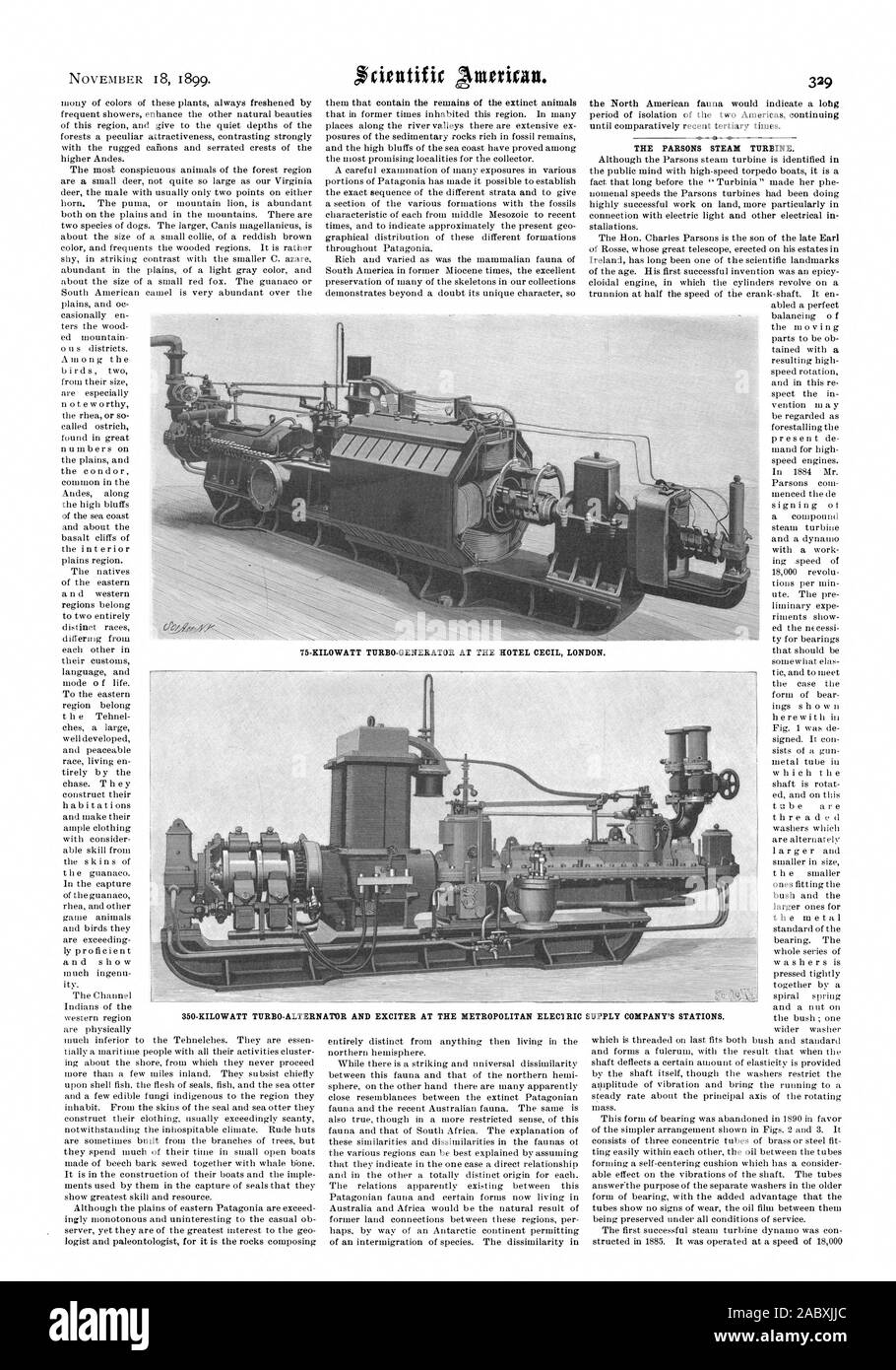I8 novembre 1899. La turbine à vapeur. ILOWATT TURBO-GÉNÉRATEUR À L'HÔTEL CECIL LONDRES. 75-K 350 Kilowatts TURBO-ALTERNATEUR ET EXCITER AU METROPOLITAN ELEC1RIC Supply Company., Scientific American, 1899-11-18 Banque D'Images