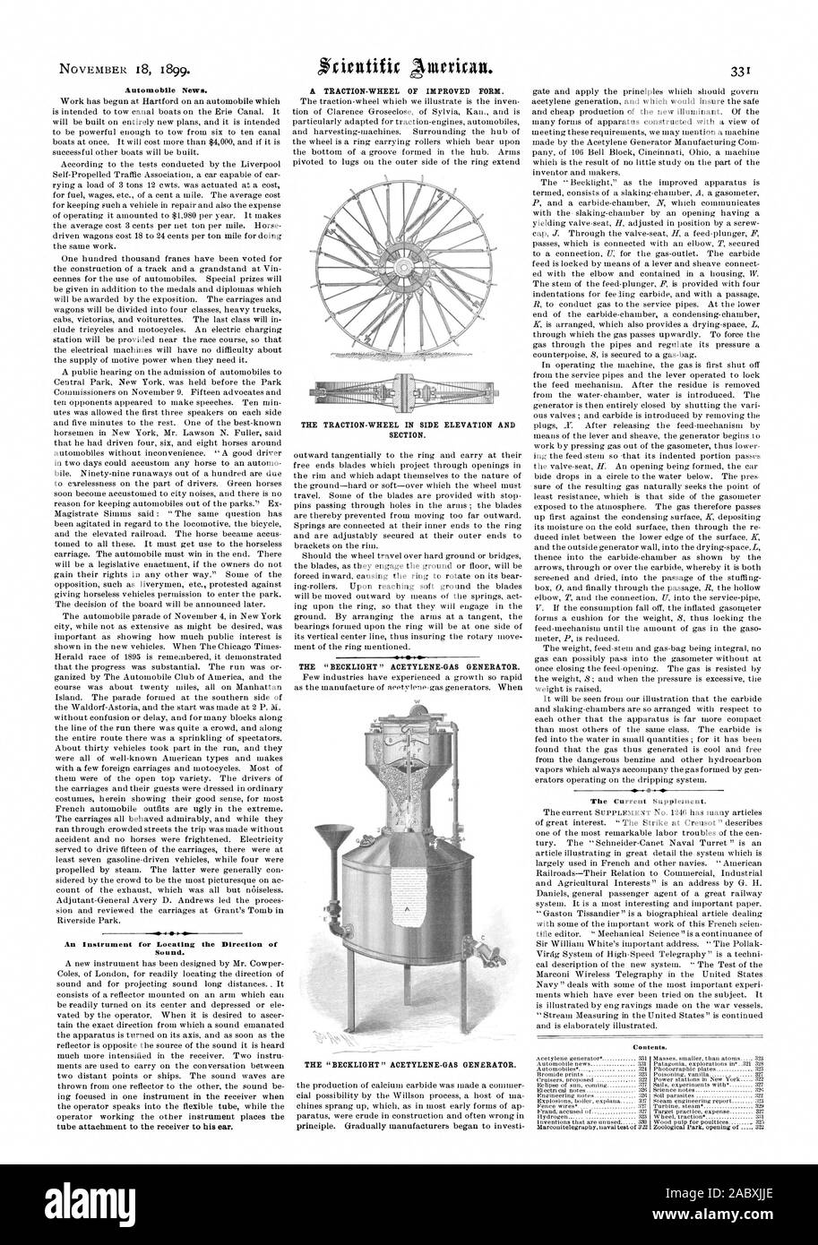 Actualités Automobile. v J'ai un instrument de localisation de la direction du son. La traction ROUES EN ÉLÉVATION LATÉRALE ET DE L'article. Le supplément actuel. .1, Scientific American, 1899-11-18 Banque D'Images