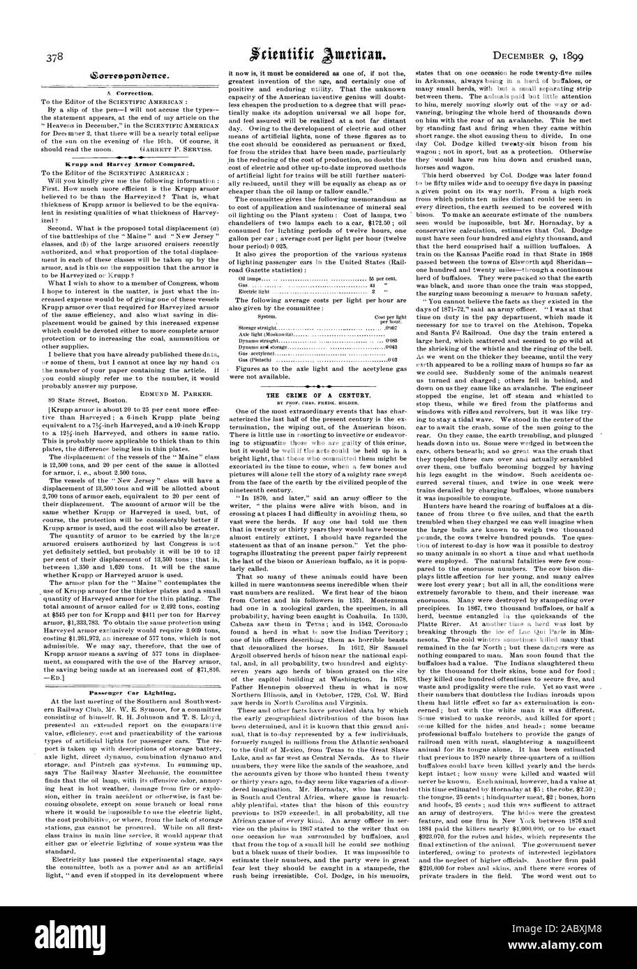 ZorresponDence. Une correction. Krupp et Harvey Armor comparés. EDMUND M. PARKER. L'éclairage des voitures voyageurs. Le CRIME D'UN SIÈCLE., Scientific American, 1899-12-09 Banque D'Images