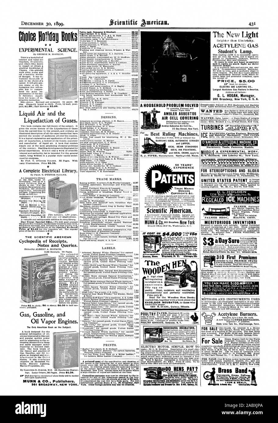 Je Buz CO FABRICATION ROYAL I - DETROIT. Un MICIL Bay sûr Brass Band Instrument. Les uniformes des tambours il Adosas nous LYON HEALY sa 60A0. La nouvelle lumière plus brillante que l'électricité. Gaz acétylène lampe de l'étudiant. Il en coûte 14 cents par heure pour l'exploitation de lampes électriques. FaRICE S5-00 ELECTRO L'ÉCLAIRAGE AU GAZ CO" plus gros facteurs d'acétylène en Amérique. G. G HOGAN Manager 288 Broadway New York U. S. A. le 001) pour vendre, Scientific American, 1899-12-30 Banque D'Images