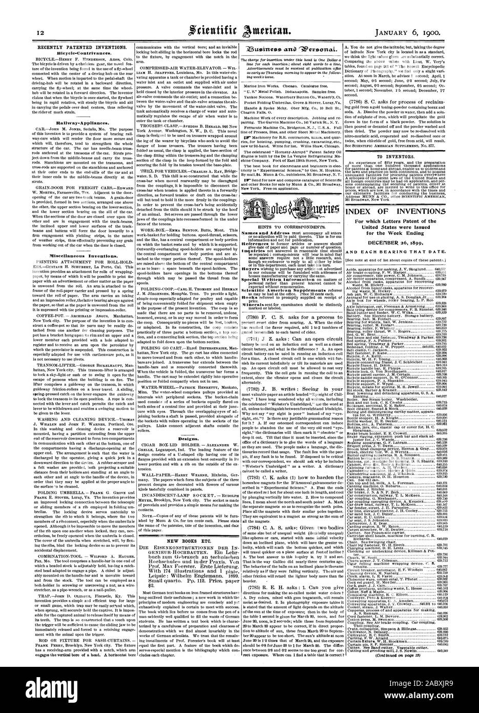 Récemment les inventions brevetées. Dispositions diverses inventions. Dessins et modèles industriels. Nouveaux livres ETC. POUR LES INVENTEURS. INDEX DES INVENTIONS, Scientific American, 1900-01-11 Banque D'Images