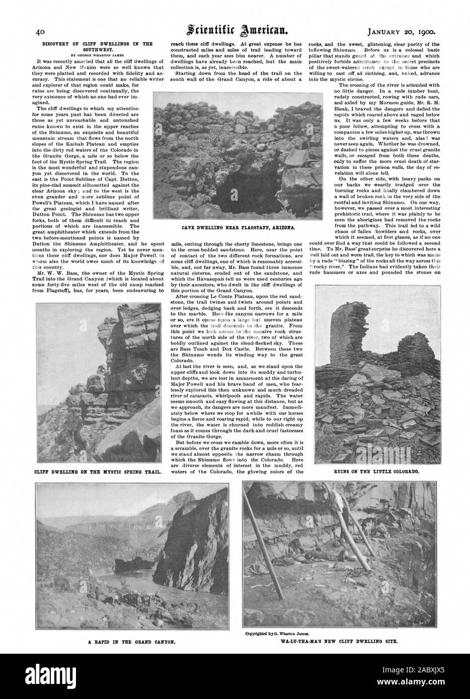 Découverte de Cliff dwellings DANS LE SUD-OUEST. Par GEORGE WHARTON NOMS. Habitat troglodytique près de Flagstaff, Arizona. Ruines SUR LE LITTLE COLORADO. CLIFF HABITATION SUR LE SENTIER MYSTIC SPRING. Un RAPIDE DANS LE GRAND CANYON. WA-L1J-THA-MA FALAISE LE NOUVEAU SITE D'HABITATION., Scientific American, 1900-01-20 Banque D'Images