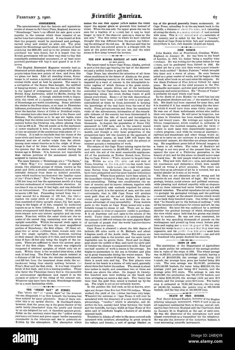 Le soleil fait apparaître disque rend le jaune violet LE DISTRICT MINIER DE NOUVEAU AU CAP Aucune. Haut du sol gelé généralement en dessous. À John Ruskin. Les cultures en 1899. Décès DU PROF. HUGHES., Scientific American, 1900-1902-03 Banque D'Images