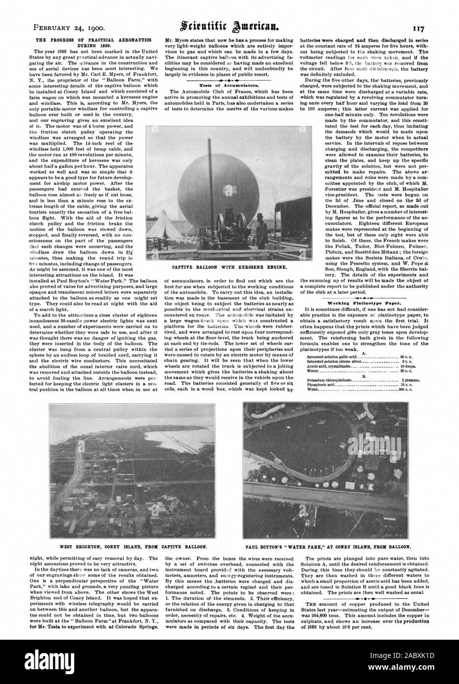 Les progrès de l'aéronautique PRATIQUE AU COURS DE 1899. Des tests d'accumulateurs. Platinotype de travail papier. Ballon captif avec moteur à pétrole. WEST BRIGHTON Coney Island de ballon captif. PAUL BOYTON1 'WATER PARK" à Coney Island DE BALLON, Scientific American, 1900-1902-24 Banque D'Images