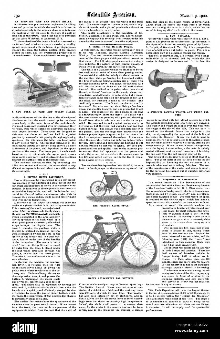 132 UNE NOUVELLE FORME DE MAÏS ET DE POMMES DE TERRE HILLER. Une victime de la peste bubonique. Le CYCLE MOTEUR STEFFEY. Le 3 mars 1900. Les écrous. Une comparaison de l'automobile. Fixation MOTEUR POUR VÉLOS., Scientific American, 1900-03-03 Banque D'Images