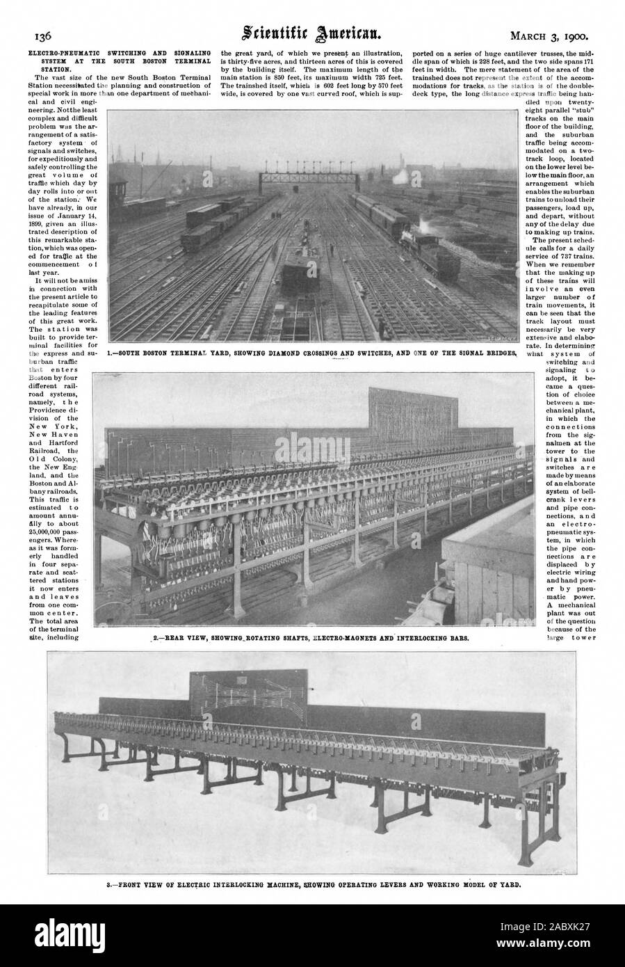 136 COMMUTATION ÉLECTRO-PNEUMATIQUE ET SYSTÈME DE SIGNALISATION À LA STATION TERMINALE DE SOUTH BOSTON. Le 3 mars 1900. TERMINAL BOSTON YARD MONTRANT DES PASSAGES DE DIAMANTS ET DES COMMUTATEURS ET L'UN DES PONTS DU SIGNAL VUE ARRIÈRE MONTRANT arbres en rotation électro-aimants et de l'imbrication des bars. Vue de SFRONT D'AIGUILLAGE ÉLECTRIQUE ACTIONNANT LES LEVIERS DE COUPE ET DE TRAVAIL MODÈLE DE TRIAGE., Scientific American, 1900-03-03 Banque D'Images