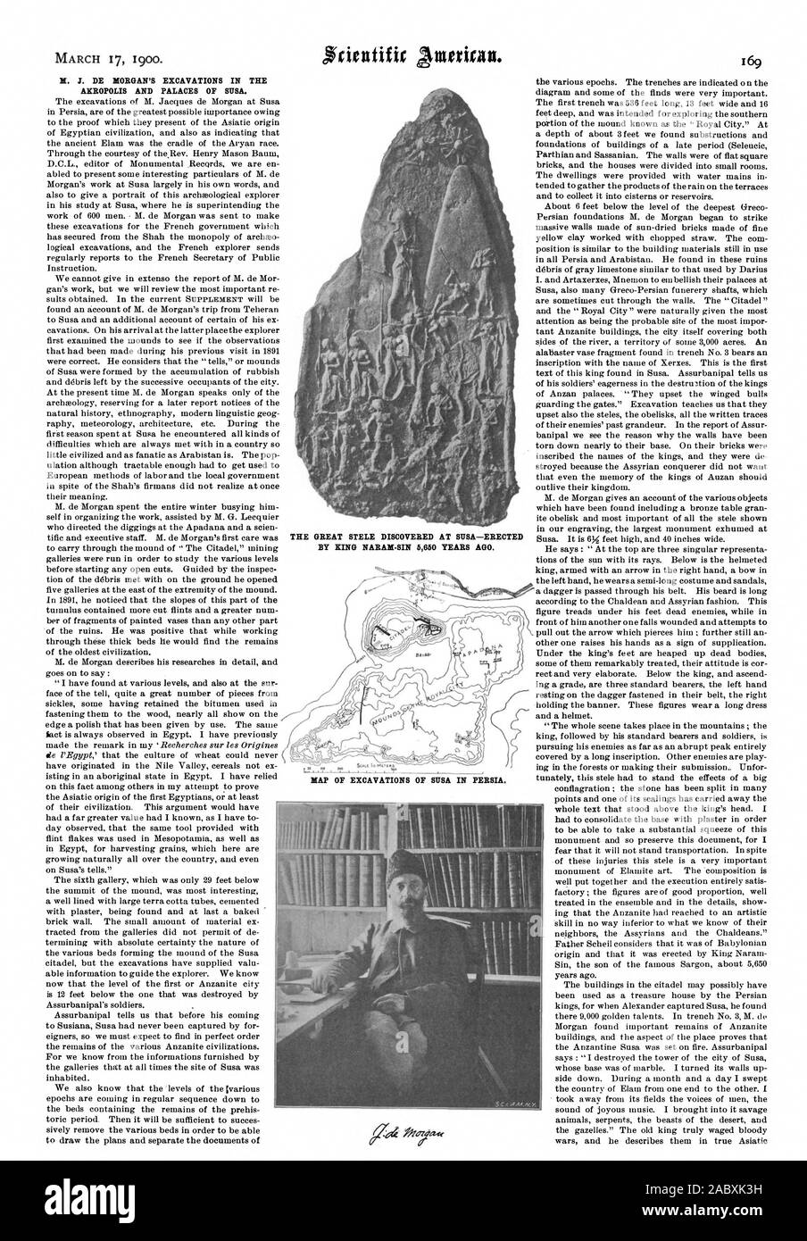 Oltair 17 mars 1900. M. J. DE HORGAN'S ARCHÉOLOGIQUES DANS LE PALAIS DE L'AKROPOLIS ET SIISA. La grande stèle découverte à SIISA-ÉRIGÉE PAR LE ROI NARAH-SIN IL Y A 6660 ans. Site de fouilles de &MA en Perse., Scientific American, 00-03-17 Banque D'Images