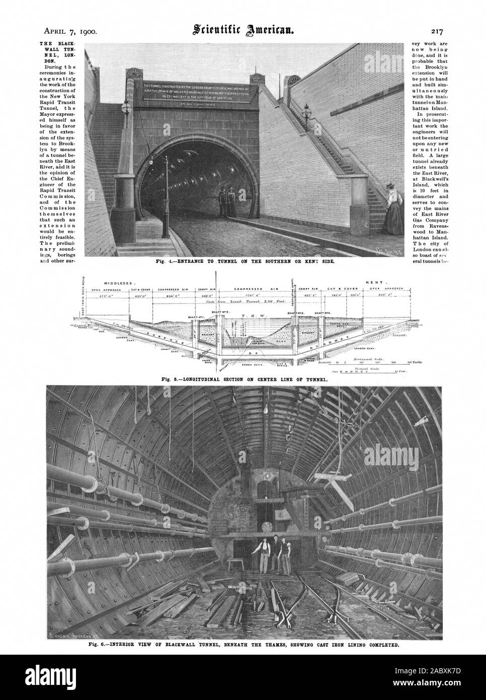 4ENTRÉE DE TUNNEL SUR LE CÔTÉ SUD OU KENT. Le mur noir de Londres. L'argile. Fig. 5SECTION LONGITUDINALE SUR L'AXE DU TUNNEL. 4.1 -, Scientific American, 1900-04-07 Banque D'Images