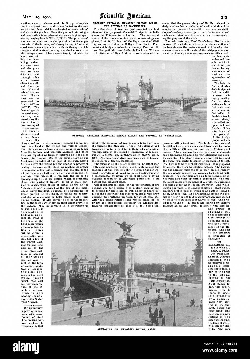 Projet NATIONAL MEMORIAL PONT SUR LE POTOMAC À WASHINGTON. ALEXANDRE III. MEMORIAL BRIDGE PARIS. Projet NATIONAL MEMORIAL PONT SUR LE POTOMAC A WASHINGTON. ALEXANDRE III. MEMORIAL BRIDGE PARIS., Scientific American, 1900-05-19 Banque D'Images
