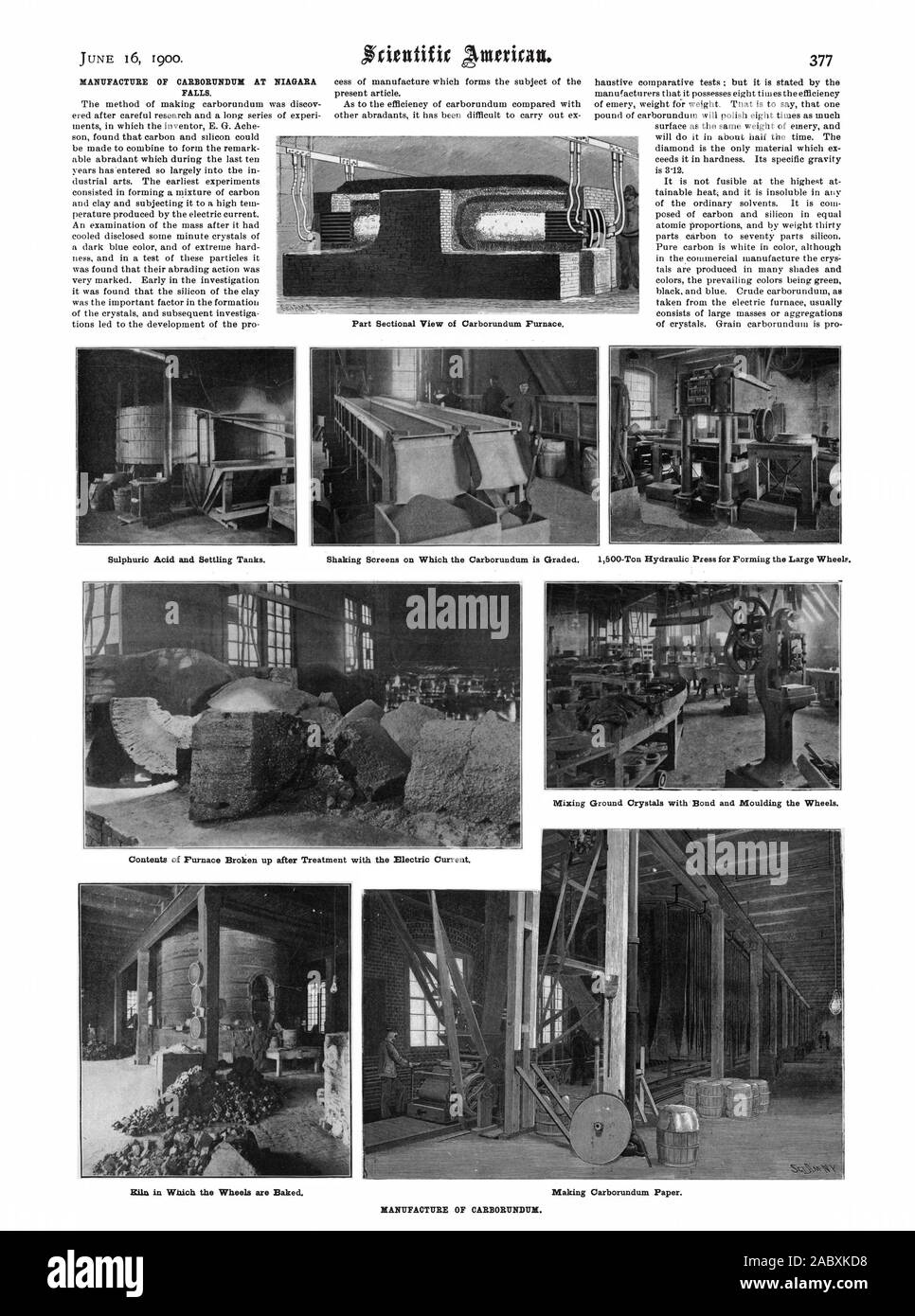 Fabrication d'CARBORUNDUBI À NIAGARA FALLS. Hilo dans laquelle les roues sont cuits au four. 1500 tonnes presse hydraulique pour former la grande Wheelf. La masse de mélange des cristaux avec Bond et moulage les roues., Scientific American, 1900-06-16 Banque D'Images