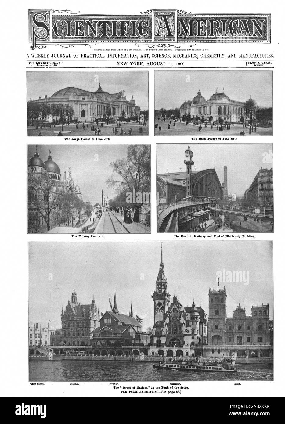 Un journal hebdomadaire D'INFORMATIONS PRATIQUES ART SCIENCE MÉCANIQUE CHIMIE ET FABRIQUE F$3,00 par an. Le vaste palais oi Arts Pin Le Petit Palais des Beaux-arts le déménagement 1-qatiorm. Whe Electric Railway et la fin de l'électricité bâtiment., Scientific American, 1900-08-11 Banque D'Images