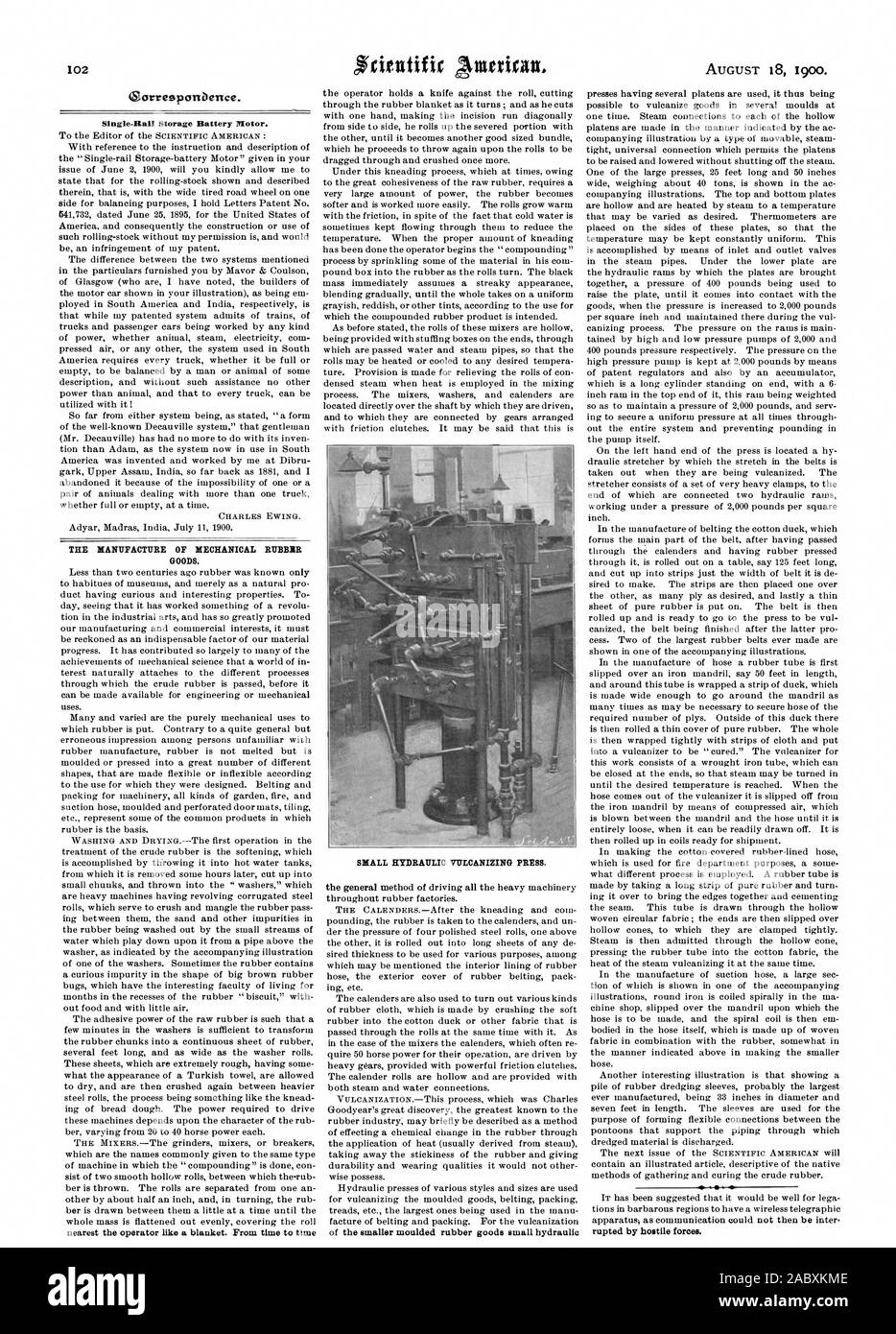 La FABRICATION DE PRODUITS RUBEHR MÉCANIQUE. Petite presse de vulcanisation hydraulique. vée par des forces hostiles., Scientific American, 1900-08-18 Banque D'Images