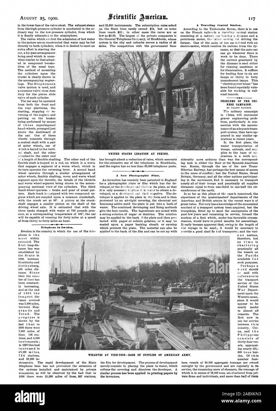 Téléphone en Suède. UNITED STATES légation à Pékin. Une nouvelle plaque photographique. Une Gare Centrale. Problèmes DE LA CHI NESE CAMPAGNE. VES WITAR À Tien-tsin-BASE DE FOURNITURES DE L'ARMÉE AMÉRICAINE., Scientific American, 1900-08-25 Banque D'Images