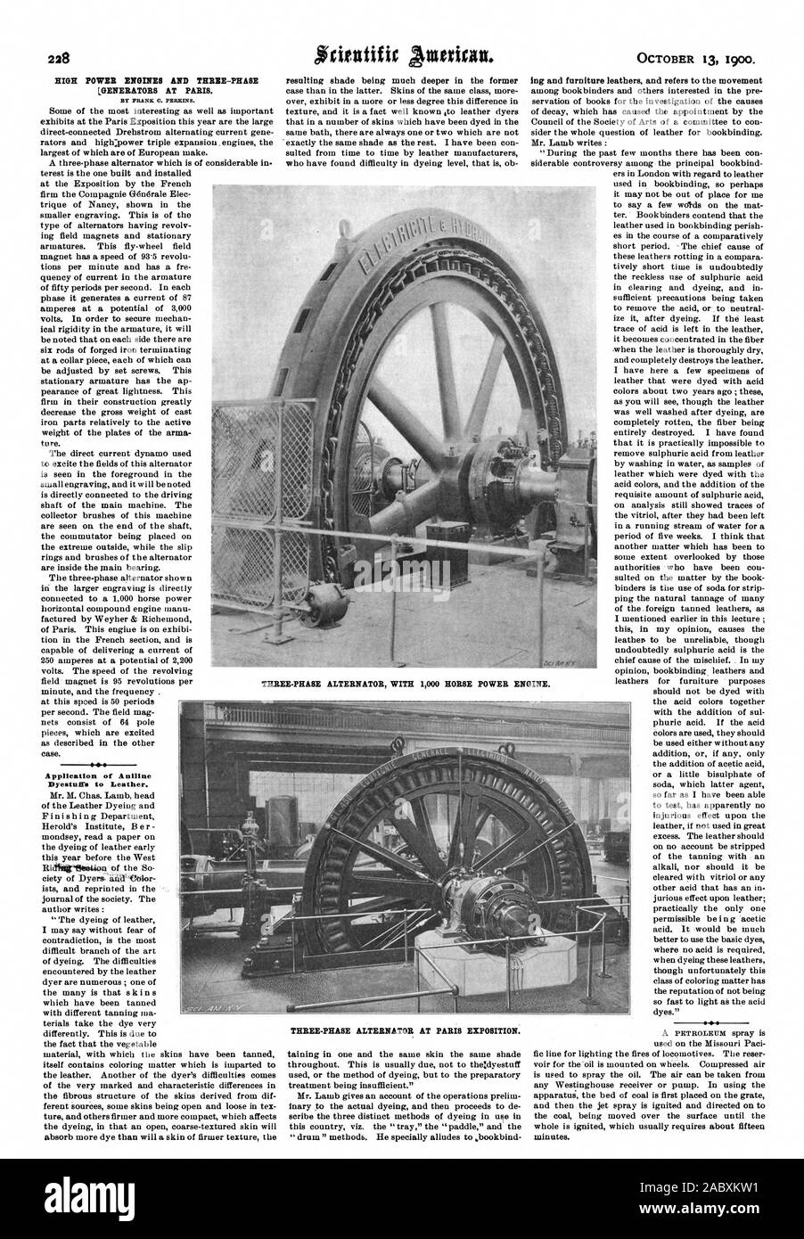 228 LES MOTEURS DE FORTE PUISSANCE ET TROIS PHASES [GÉNÉRATEURS SUR PARIS. Par FARCE C. PERKINS. Au moment de l'application de colorants à l'Aniline cuir. Neitstific amnios. 13 octobre 1900., Scientific American, 1900-10-13 Banque D'Images