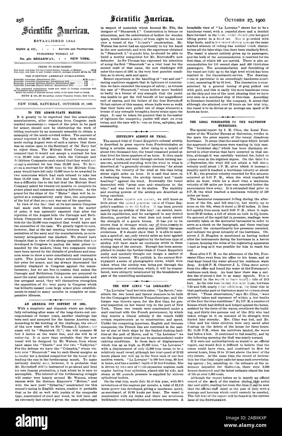 Créé 1845 no 361 BROADWAY NEW YORK. Un concours d'AMERICA'S CUP en 1901. Le dirigeable Zeppelin sur procès. La nouvelle GAINE 'LA LORRAINE.' Le prévisionniste LOCAL SUR LE GALVESTON. HGRRICANE, Scientific American, 1900-10-27 Banque D'Images