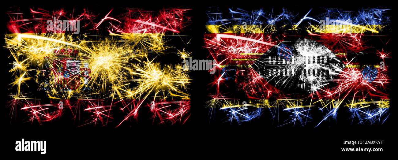 Contre l'espagnol, le Swaziland Swazi Nouvel An fête drapeaux fireworks mousseux fond concept. Combinaison de deux états abstraits des drapeaux. Banque D'Images