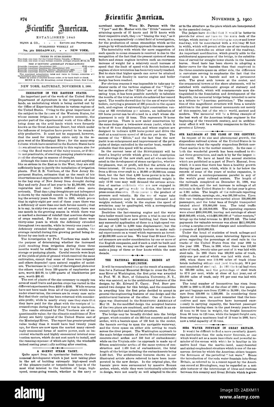 Créé le 1845 NATIONAL MEMORIAL BRIDGE À WASHINGTON. Nos chemins de fer À LA FIN DU SIÈCLE. Fontaine d'eau de soude en Grande-bretagne., Scientific American, 1900-11-03 Banque D'Images