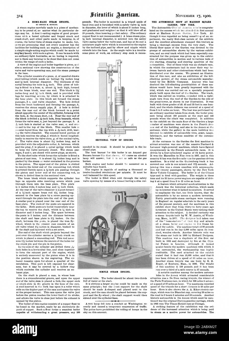 Place SIMPLE ! Le moteur. Une machine à vapeur PAR GEORGE N. HOPKINS. Vue en coupe du moteur. L'AUTOMOBILE SHOW au Madison Square Garden de New York, Scientific American, 1900-11-17 Banque D'Images