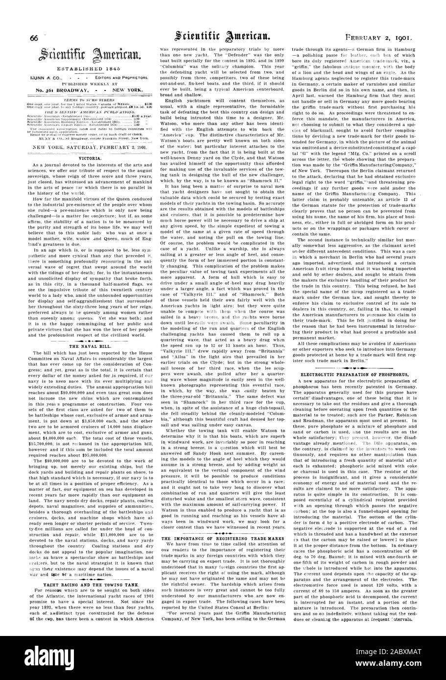 Le projet de loi sur la marine. L'IMPORTANCE DE L'ENREGISTREMENT DE MARQUES PRÉPARATION ÉLECTROLYTIQUE DE PHOSPHORE., Scientific American, 1901-02-02 Banque D'Images