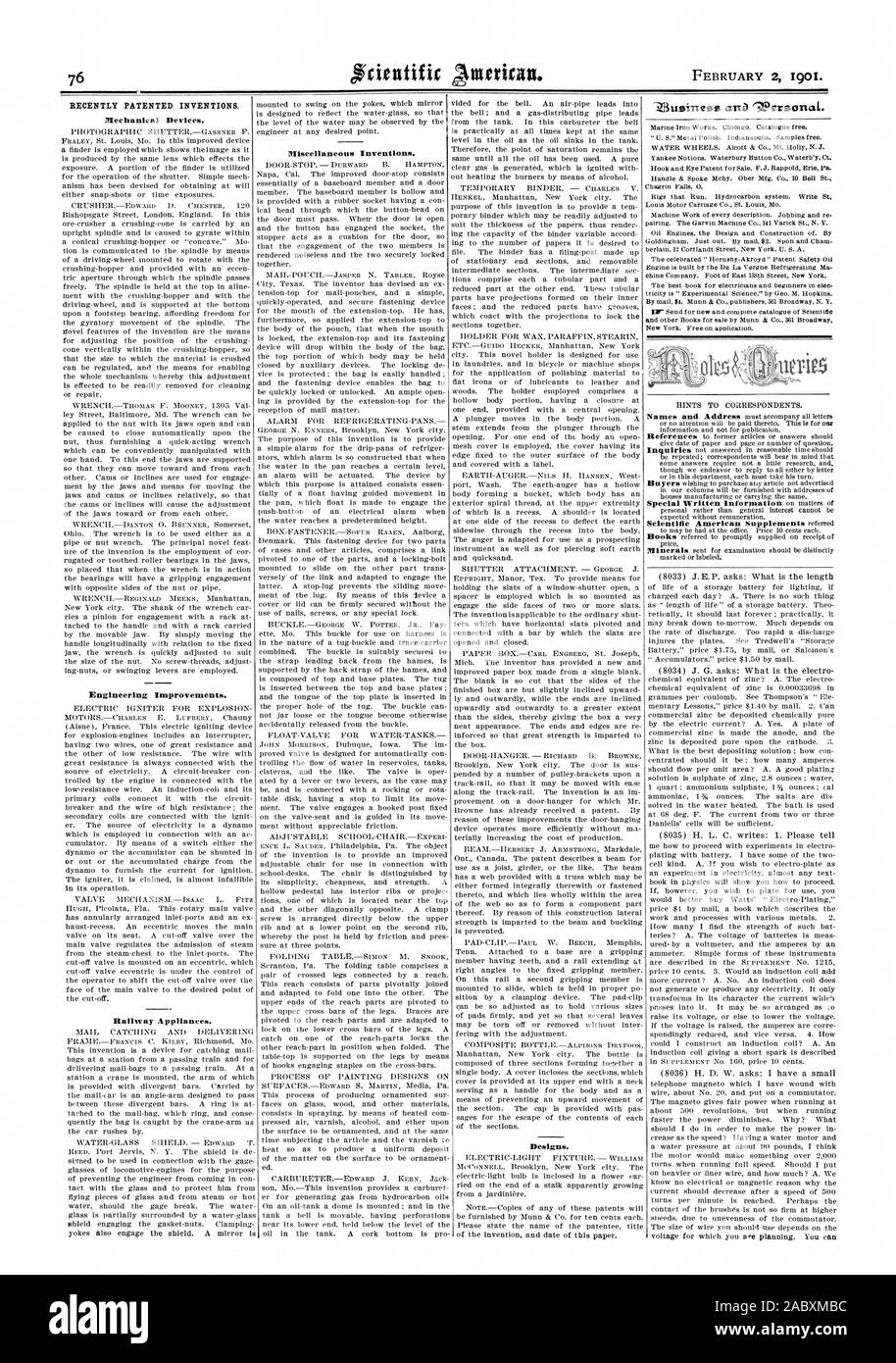 Récemment les inventions brevetées. Des améliorations techniques. Appareils de fer. Dessins et modèles industriels. Dispositions diverses inventions., Scientific American, 1901-02-11 Banque D'Images