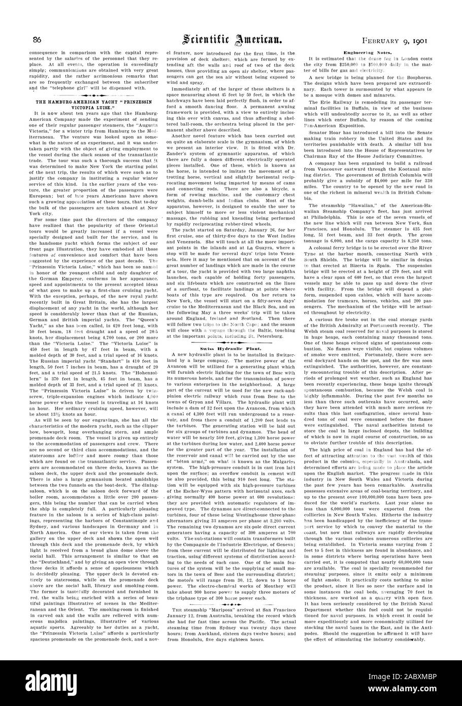 L'HAMBURG-YACHT AMÉRICAIN ' CAPT'VICTOPIA LUISE.' l'usine hydraulique suisse. Notes d'ingénierie., Scientific American, 1901-02-09 Banque D'Images