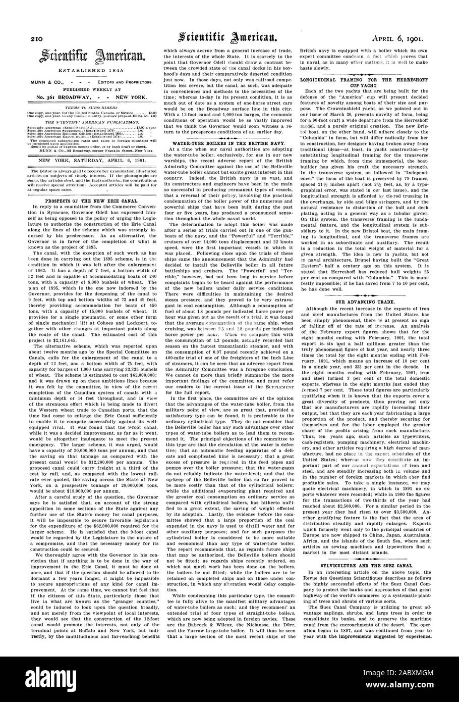 210 No 361 BROADWAY NEW YORK. Les perspectives du nouveau canal Érié. Chaudières à tubes d'eau.DANS LA MARINE BRITANNIQUE. Pour la construction longitudinale HERRESHOFF TASSE-YACHT. L'avancement de notre commerce. La SYLVICULTURE ET LE CANAL DE SUEZ., Scientific American, 1901-1904-06 Banque D'Images