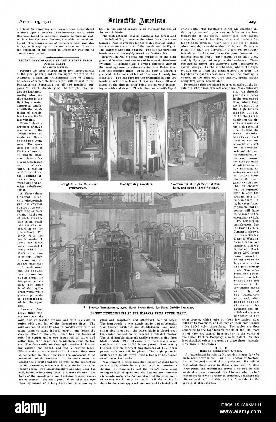 Les récents développements À LA NIAGARA FALLS POWER PL ANT. Sensibiliser les raisins hongrois. IHigh Panneaux potentiel pour les transformateurs. 2Des parafoudres. Bars et Double-Throw commutateurs. Les transformateurs élévateurs 42500 chevaux chacun pour Union Carbide Company. Les récents développements À LA NIAGARA FALLS POWER PLANT., Scientific American, 1901-1904-13 Banque D'Images