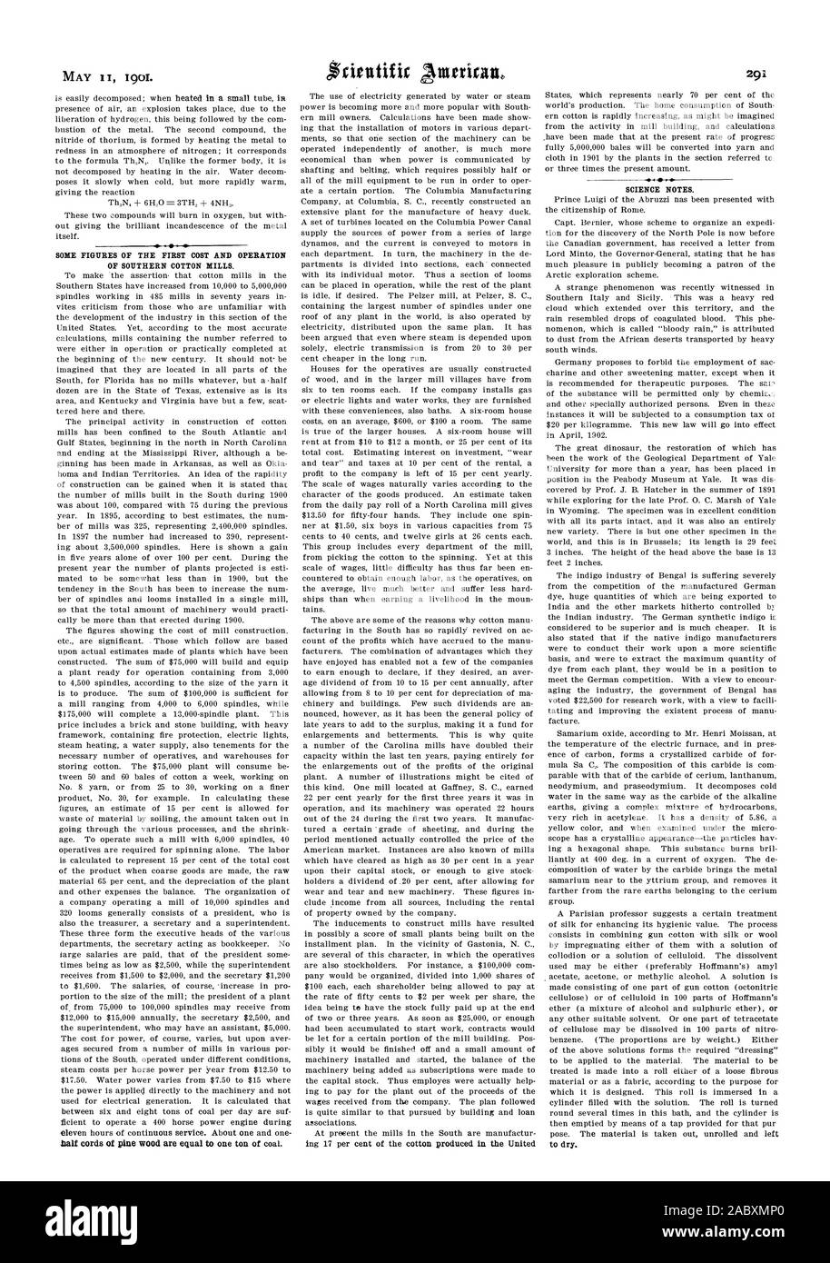 Quelques CHIFFRES DE LA PREMIÈRE ET L'EXPLOITATION D'USINES DE COTON DU SUD. La SCIENCE NOTES. pour sécher., Scientific American, 1901-05-11 Banque D'Images