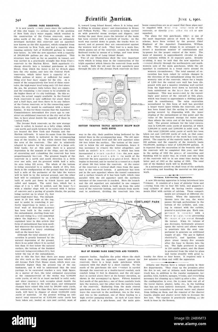 Parc de JEROME RÉSERVOIR. Grâce À LA SECTION CI-DESSOUS PORTE PRINCIPALE DE L'AQUEDUC TRIPLE CHAMBRE. Appareils de sauvetage allemand. . RTLANDT PARK, Scientific American, 1901-06-01 Banque D'Images