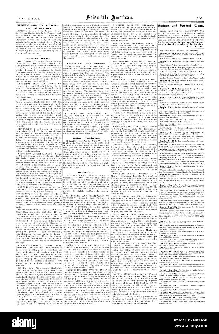 INVENTIONS BREVETÉES. Récemment, Scientific American, 1901-06-08 Banque D'Images