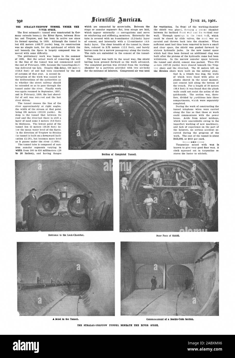 L'STRALAU TREPTOW-TUNNEL SOUS LA RIVIÈRE SPREE. Le premier tunnel sous-marin jamais construit en Allemagne s'étend sous la rivière Spree entre Stra lau et Treptow et a été en activité depuis son ouverture officielle en 1899. Bien que le tunnel est mais 453 mètres (493,77 mètres) de long sa construction s'est pas une tâche simple pour les sables mouvants dont le sol sous la Spree se compose en grande partie a été déplacé avec quelques difficultés. Le travail préliminaire a été commencé à l'été 1895. Mais la tâche de retirer le sol dans la ligne du tunnel n'a pas commencé jusqu'à la fin de février 1896 Banque D'Images L'STRALAU TREPTOW-TUNNEL SOUS LA RIVIÈRE SPREE. Le premier tunnel sous-marin jamais construit en Allemagne s'étend sous la rivière Spree entre Stra lau et Treptow et a été en activité depuis son ouverture officielle en 1899. Bien que le tunnel est mais 453 mètres (493,77 mètres) de long sa construction s'est pas une tâche simple pour les sables mouvants dont le sol sous la Spree se compose en grande partie a été déplacé avec quelques difficultés. Le travail préliminaire a été commencé à l'été 1895. Mais la tâche de retirer le sol dans la ligne du tunnel n'a pas commencé jusqu'à la fin de février 1896 Banque D'Images